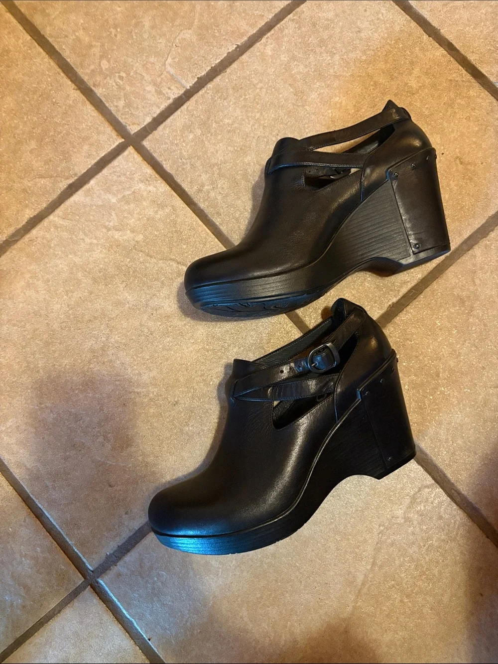 Dansko Black Leather Wedge Ankle Booties with Buckle